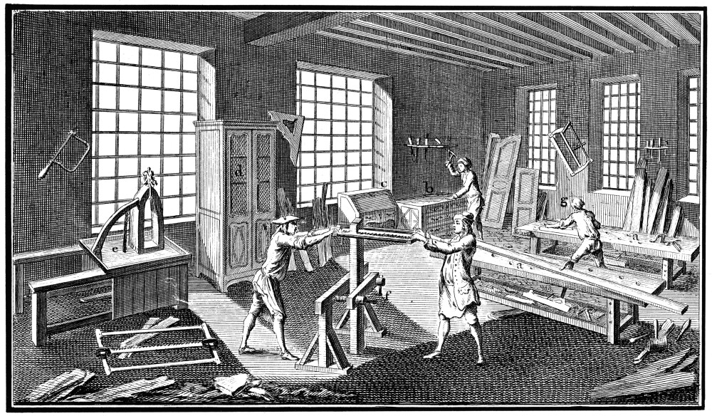 An engraving of woodworkers operating inside a manual cabinet making workshop.