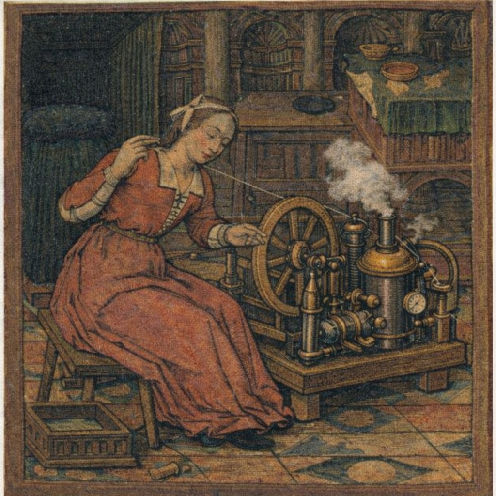 A historical illustration of the same domestic spinning setup augmented with a small steam-powered machine.