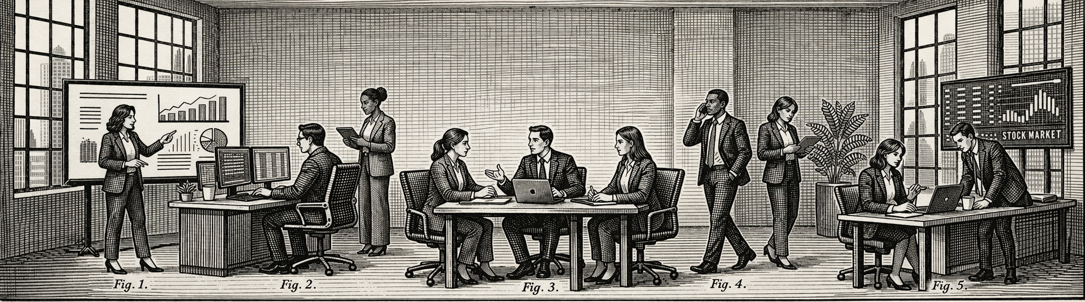 An illustration of office knowledge workers producing bespoke analysis across separate desks and meetings.