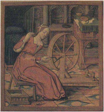 A historical illustration of a person spinning thread by hand at a wheel inside the home.