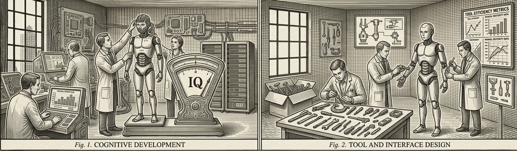 A diptych illustration showing one team developing an AI system's core intelligence and another team building its tools and interface components.