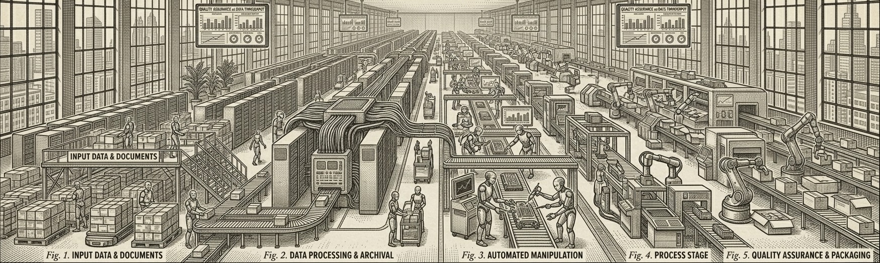 An illustration of a knowledge factory production line with robotic workstations, servers, conveyor stages, and quality-assurance dashboards coordinating the flow of work.