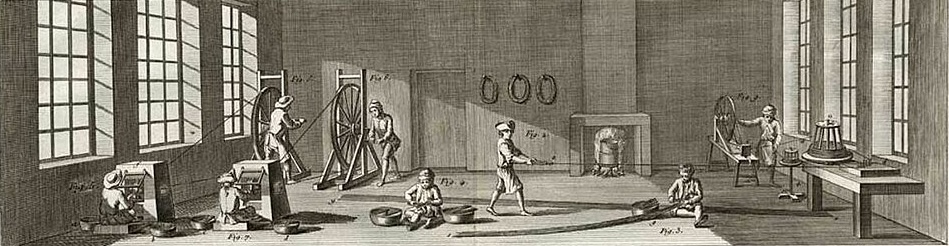 Depiction of a Pin maker's workshop in the Encyclopédie 1762.
